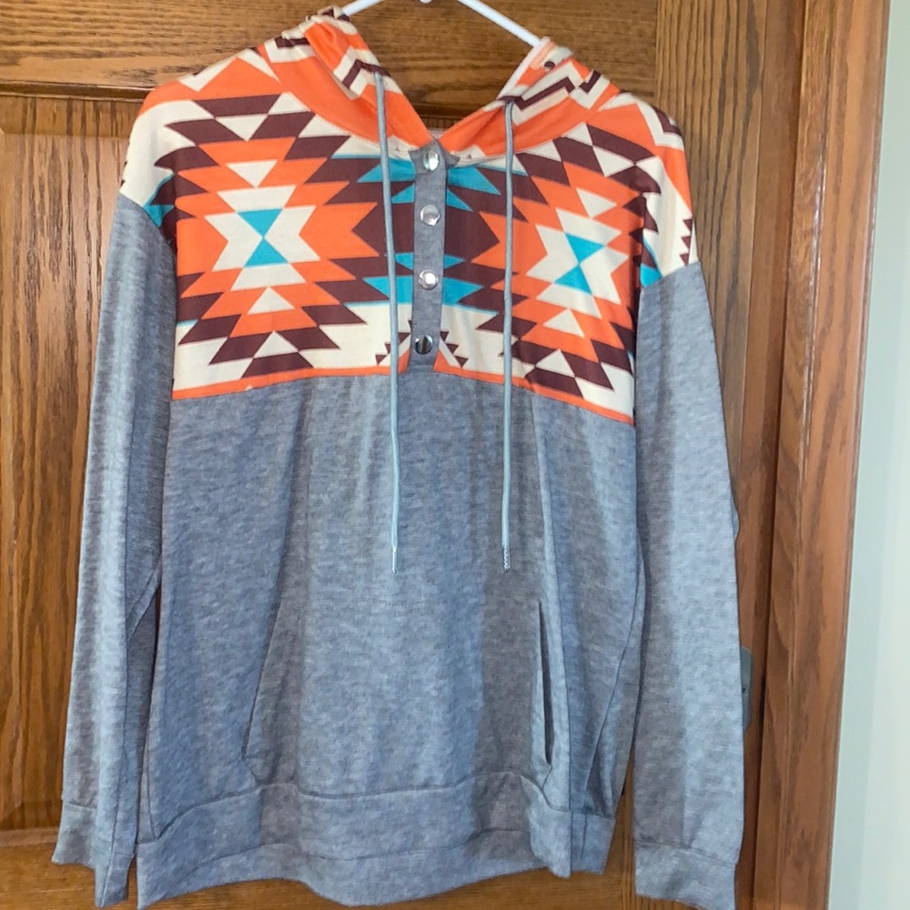 Western Inspo Aztec Quarter Button Hoodie Medium